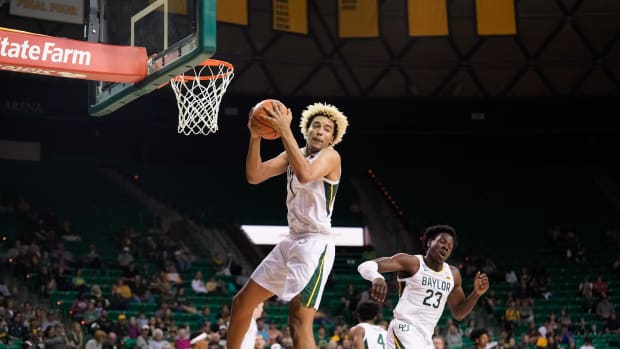 Baylor Bears forward Jeremy Sochan (1) grabs a rebound against the Arkansas-Pine Bluff Golden Lions during the first half at Ferrell Center.